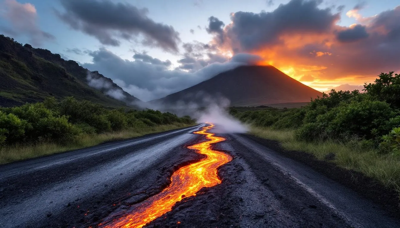 La lave avale la route : le Piton de la Fournaise coupe La Réunion en deux