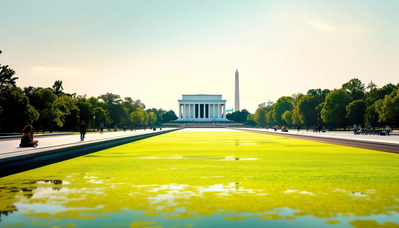 Repeint en bleu pour 14 millions, le bassin du Lincoln Memorial vire au vert